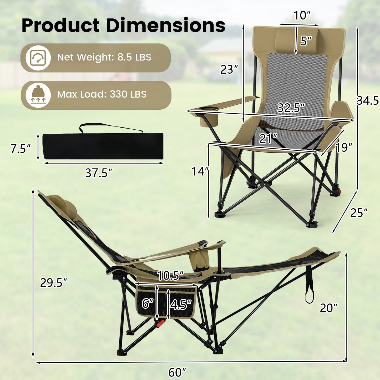 Reclining Camping Chair with Removable Footrest and Adjustable Backrest, Green Outdoor at Gallery Canada