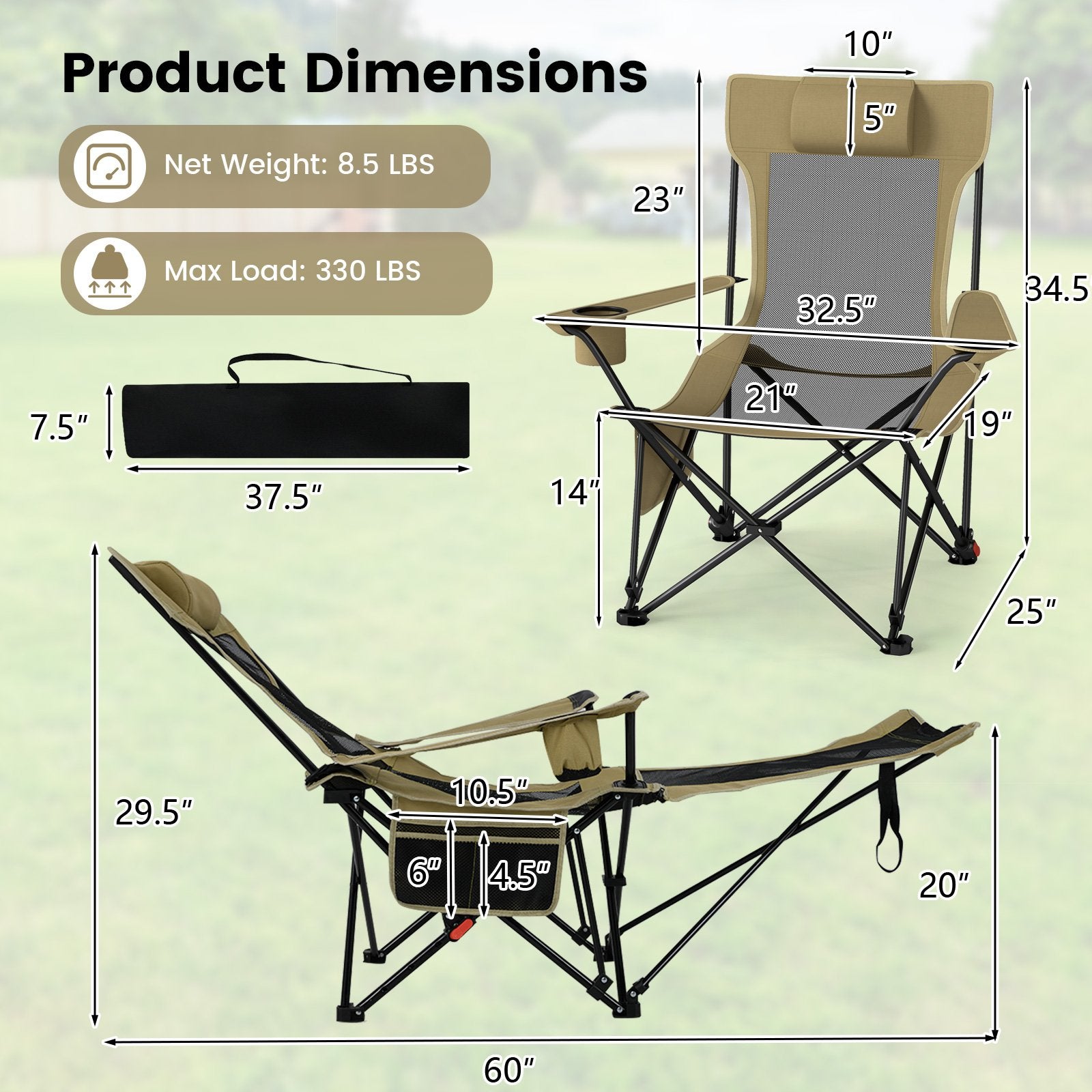 Reclining Camping Chair with Removable Footrest and Adjustable Backrest, Green Outdoor at Gallery Canada