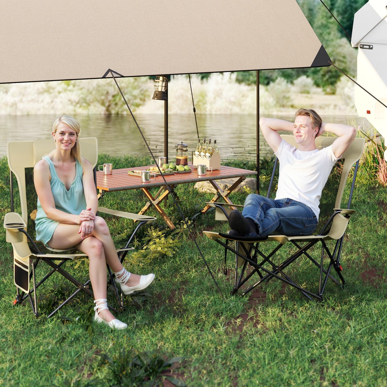 Reclining Camping Chair with Removable Footrest and Adjustable Backrest, Green Outdoor at Gallery Canada