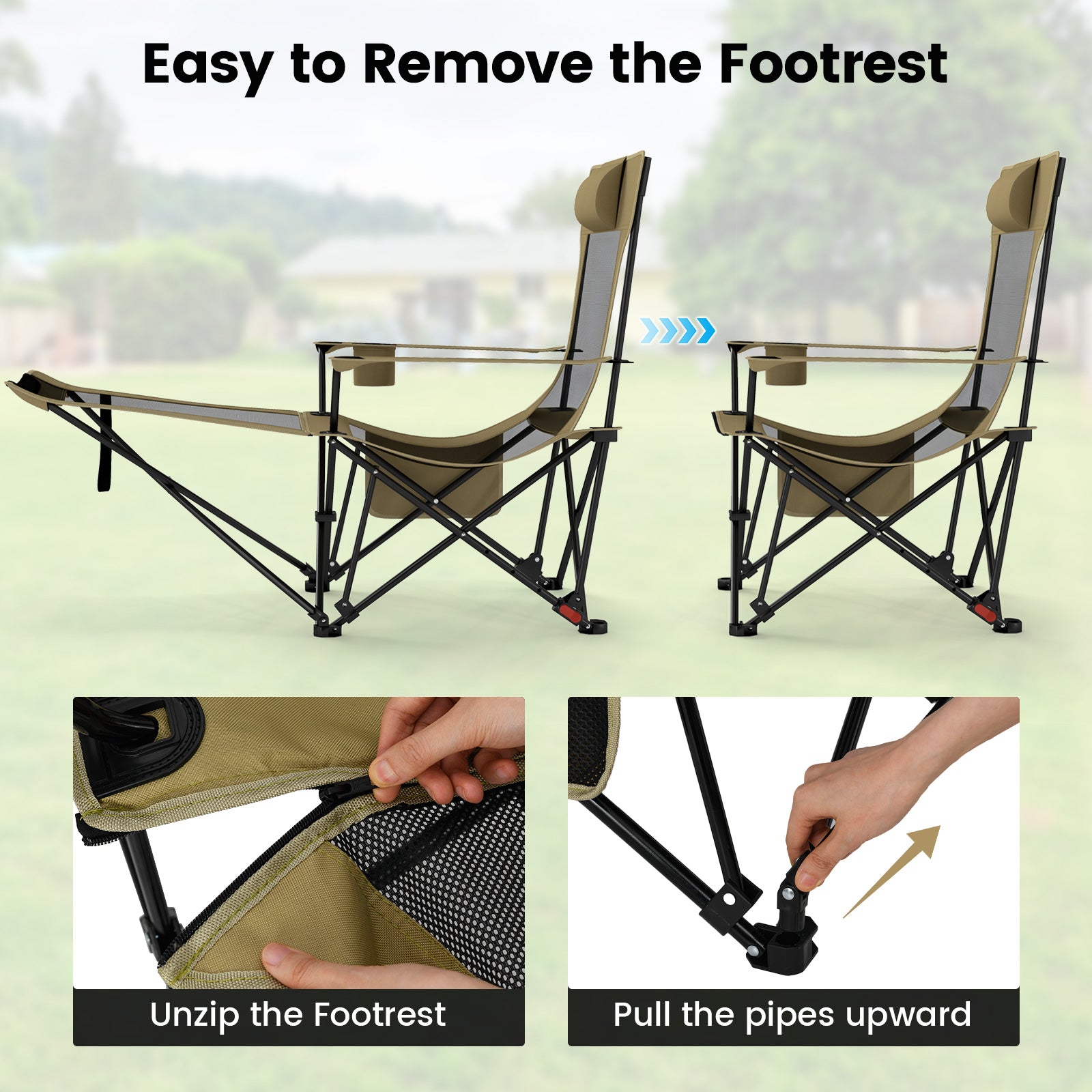 Reclining Camping Chair with Removable Footrest and Adjustable Backrest, Green Outdoor at Gallery Canada