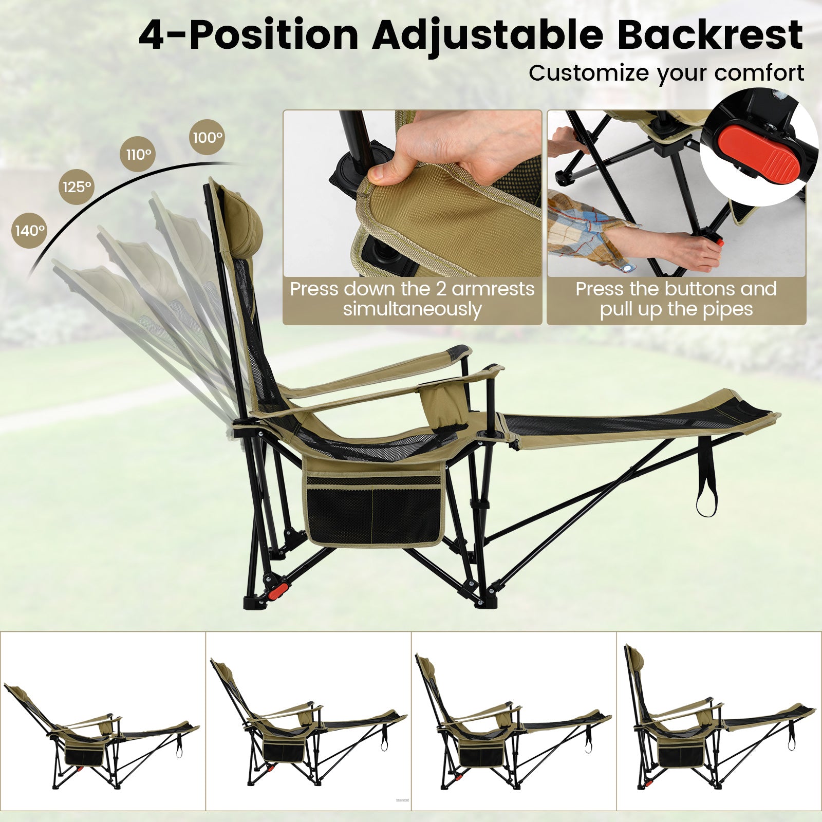 Reclining Camping Chair with Removable Footrest and Adjustable Backrest, Green Outdoor at Gallery Canada