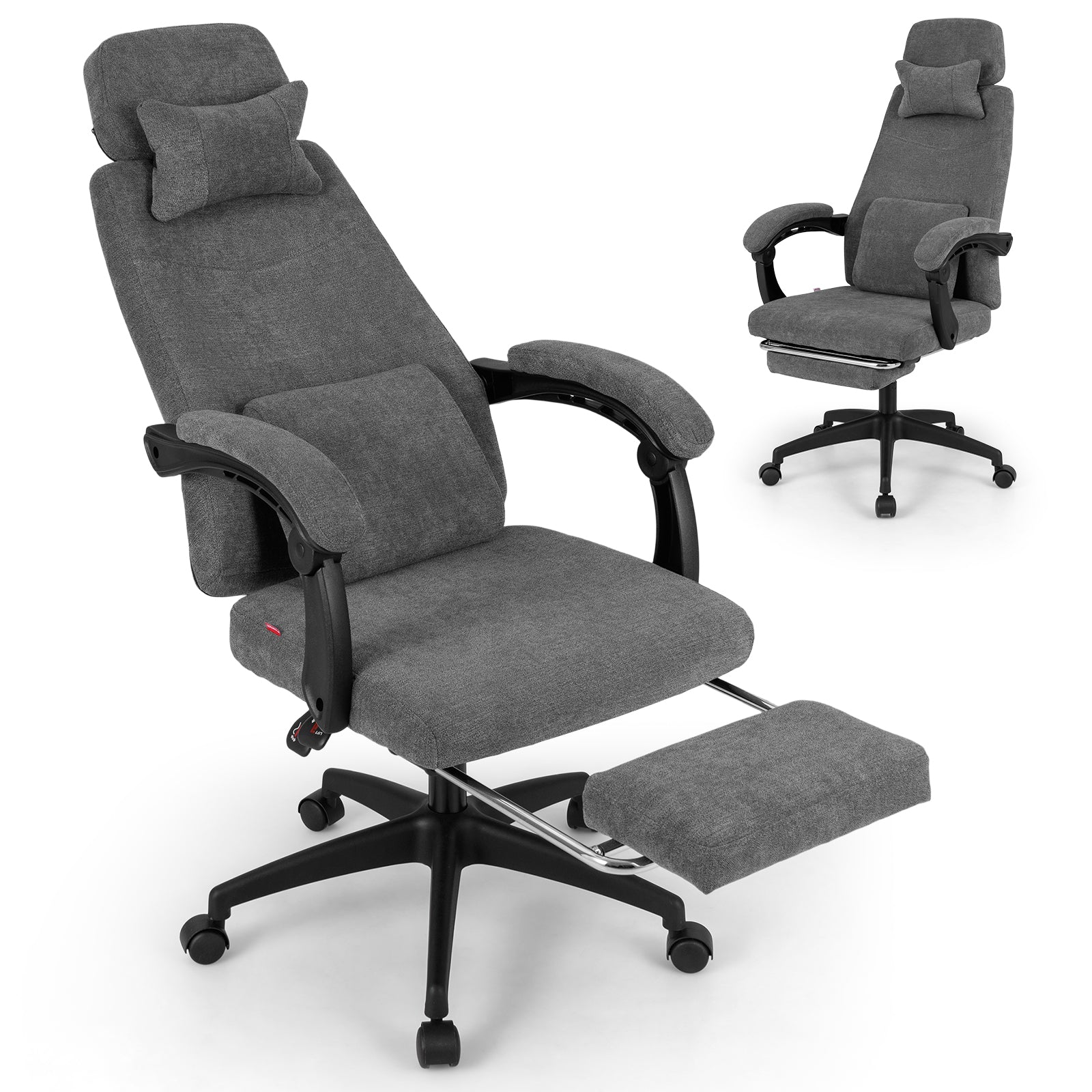 Reclining Office Chair Chenille Fabric Upholstered Computer Desk Chair, Gray Ergonomic Chairs Gray at Gallery Canada