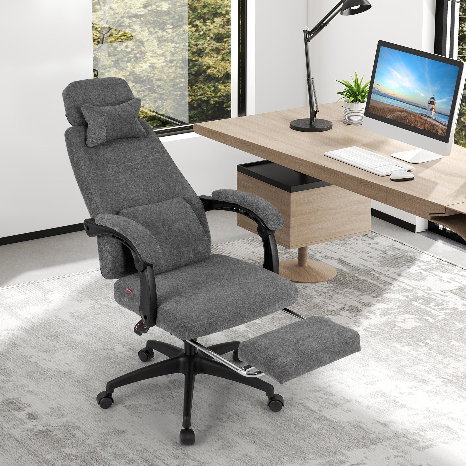 Reclining Office Chair Chenille Fabric Upholstered Computer Desk Chair, Gray Ergonomic Chairs at Gallery Canada