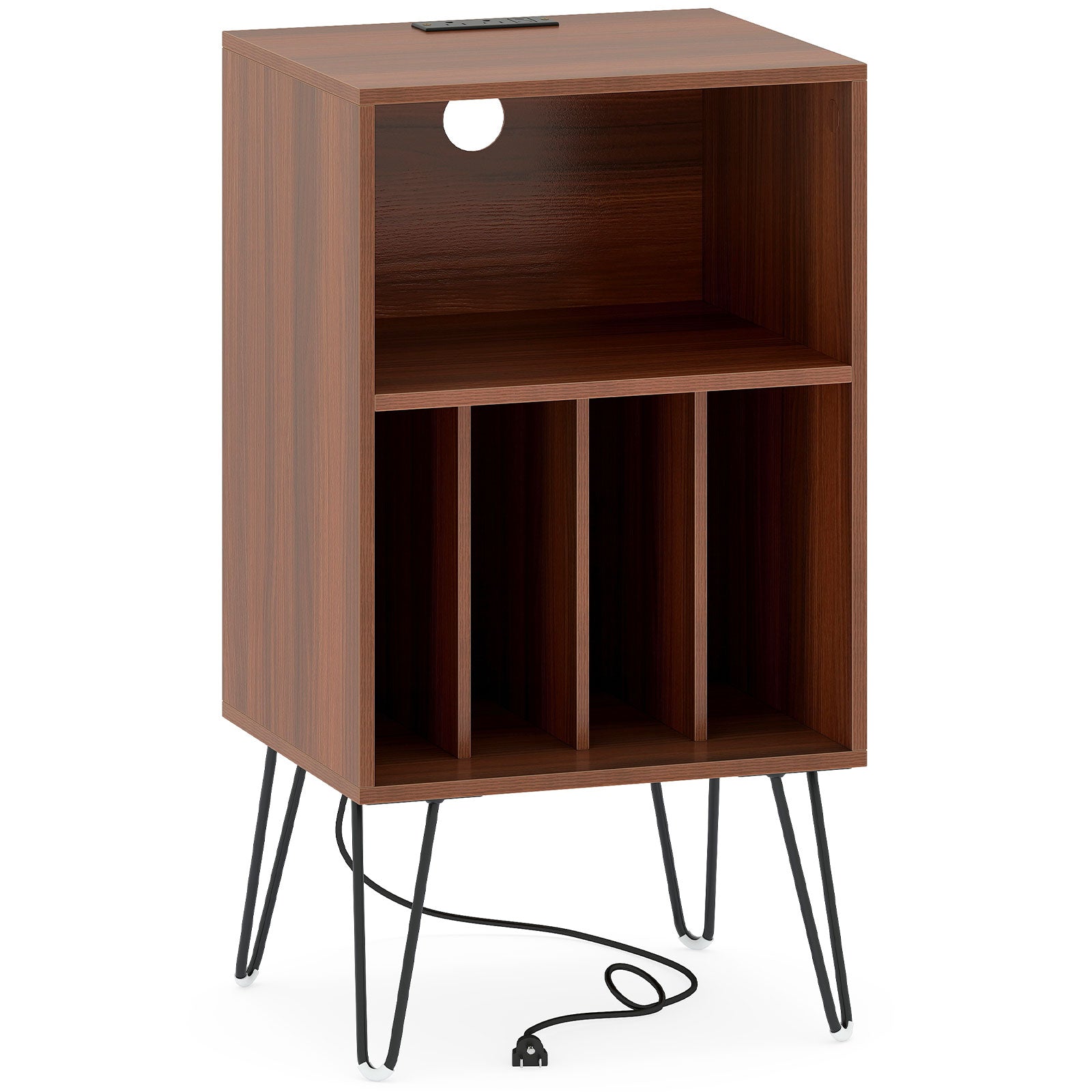 Record Player Stand with Charging Station Turntable Stand with Vinyl Storage, Walnut End & Side Tables Walnut at Gallery Canada