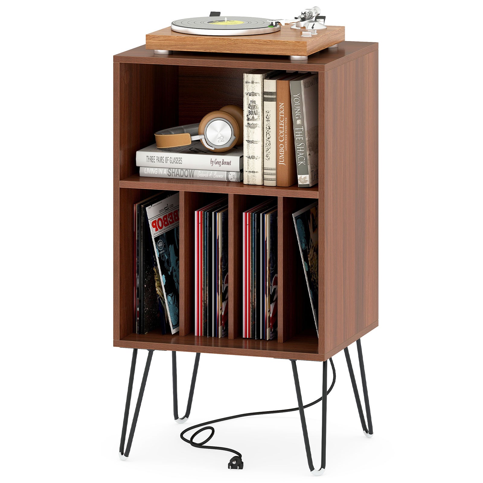 Record Player Stand with Charging Station Turntable Stand with Vinyl Storage, Walnut End & Side Tables at Gallery Canada