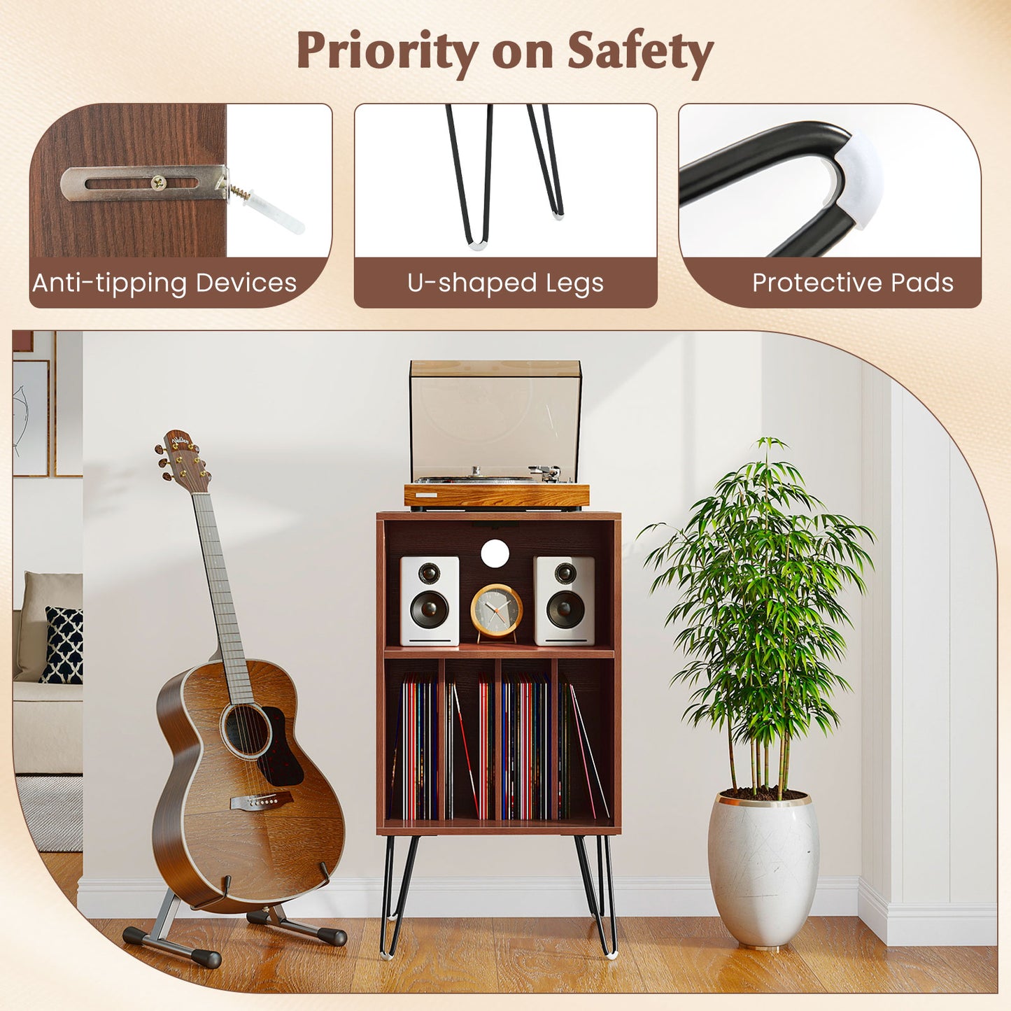 Record Player Stand with Charging Station Turntable Stand with Vinyl Storage, Walnut End & Side Tables at Gallery Canada