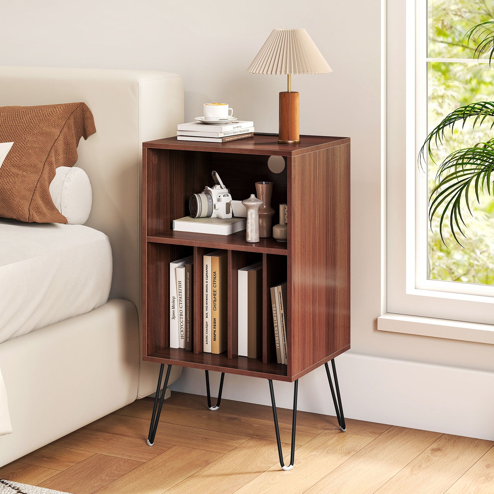 Record Player Stand with Charging Station Turntable Stand with Vinyl Storage, Walnut End & Side Tables at Gallery Canada