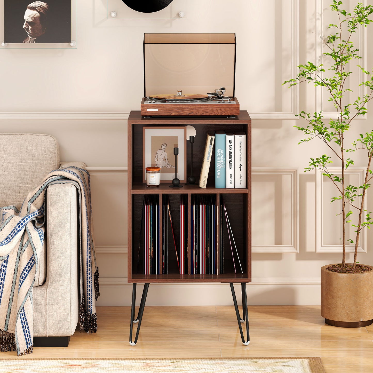 Record Player Stand with Charging Station Turntable Stand with Vinyl Storage, Walnut End & Side Tables at Gallery Canada