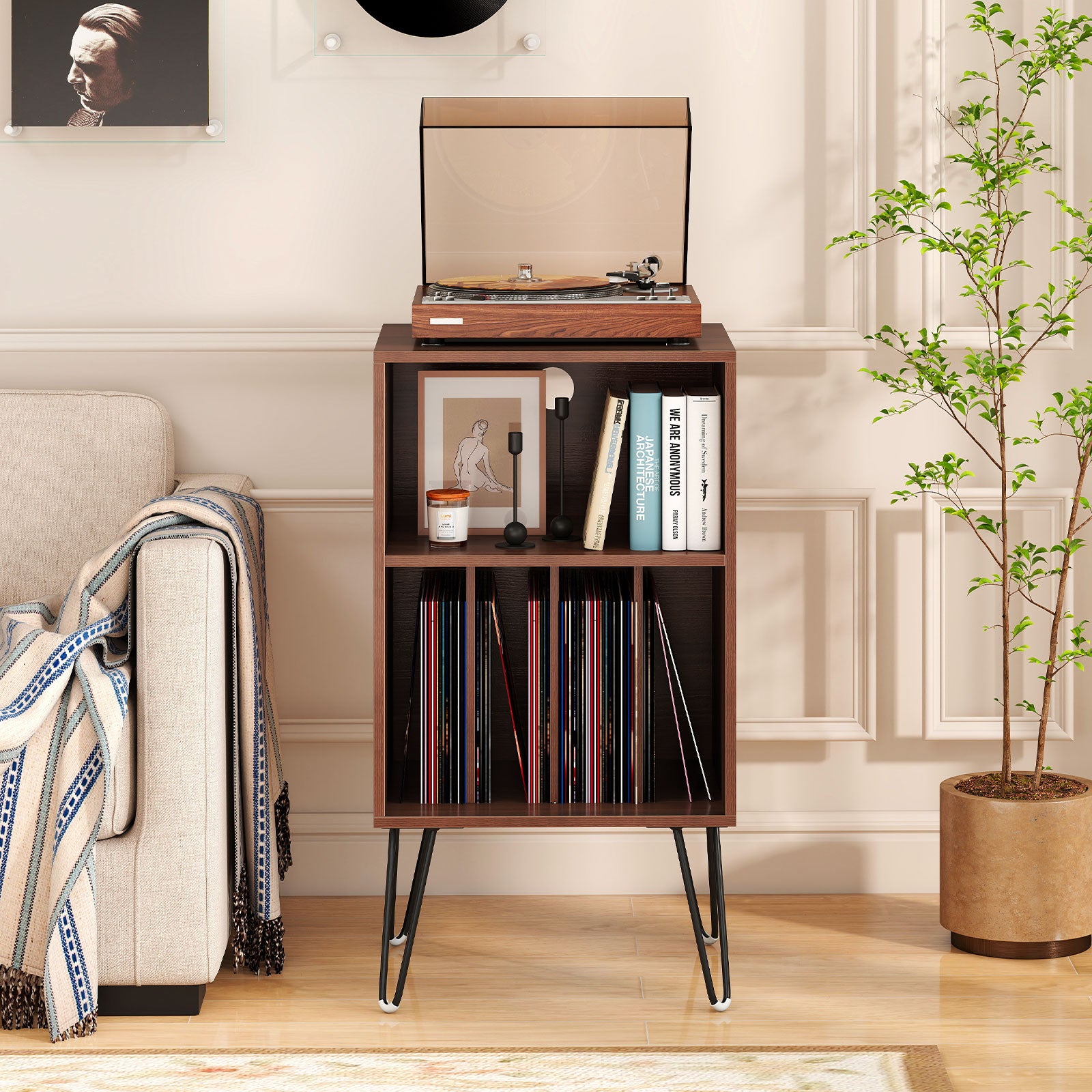 Record Player Stand with Charging Station Turntable Stand with Vinyl Storage, Walnut End & Side Tables at Gallery Canada