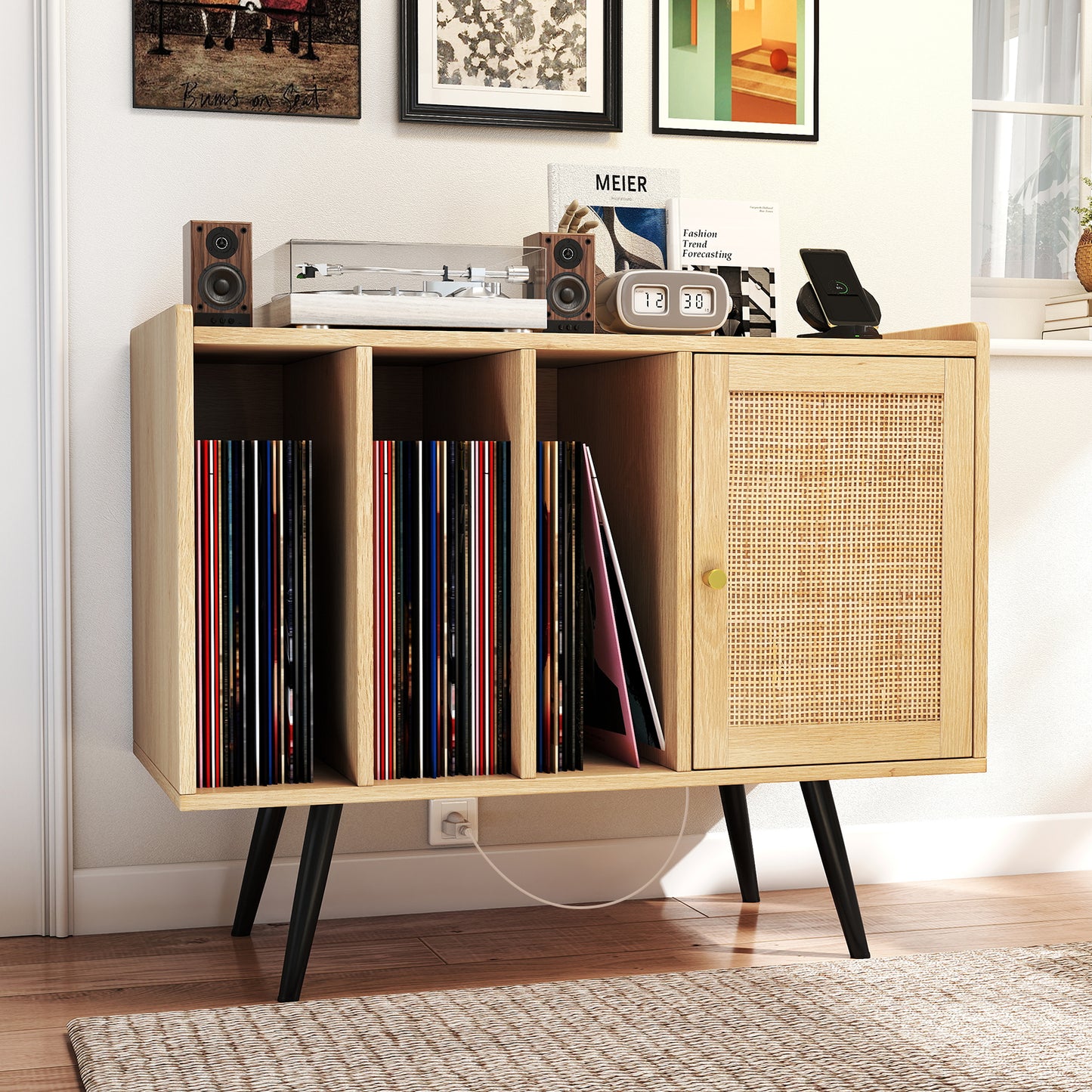 Record Player Stand with Charging Station and Rattan Cabinet for Living Room, Natural End & Side Tables at Gallery Canada