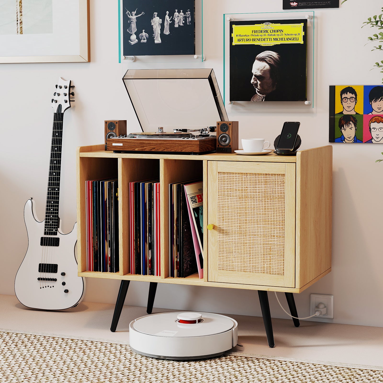 Record Player Stand with Charging Station and Rattan Cabinet for Living Room, Natural End & Side Tables at Gallery Canada