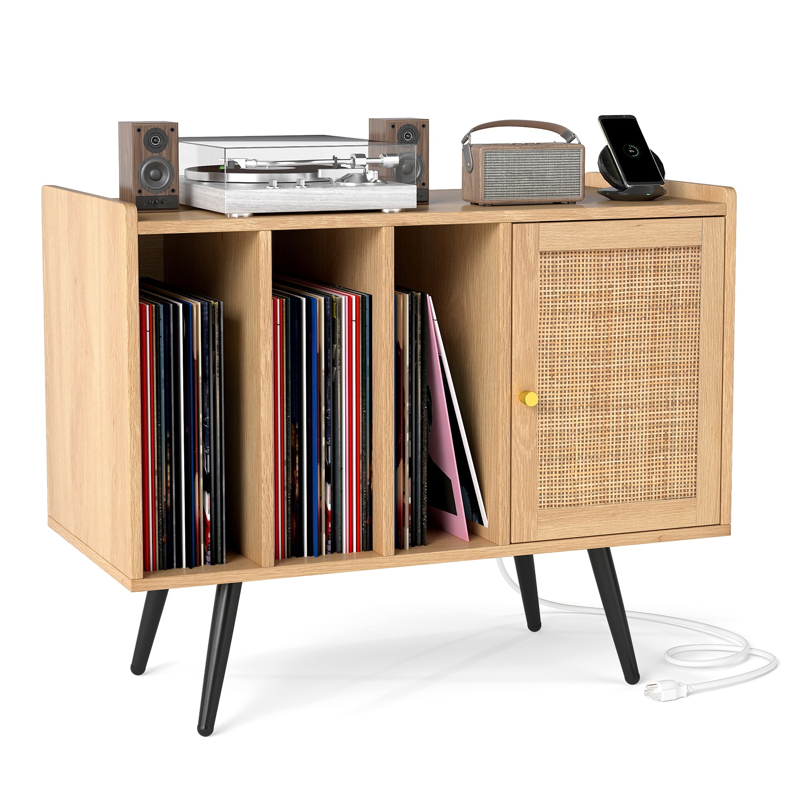 Record Player Stand with Charging Station and Rattan Cabinet for Living Room, Natural End & Side Tables Natural at Gallery Canada