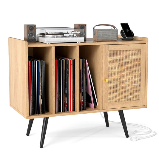 Record Player Stand with Charging Station and Rattan Cabinet for Living Room, Natural End & Side Tables Natural at Gallery Canada