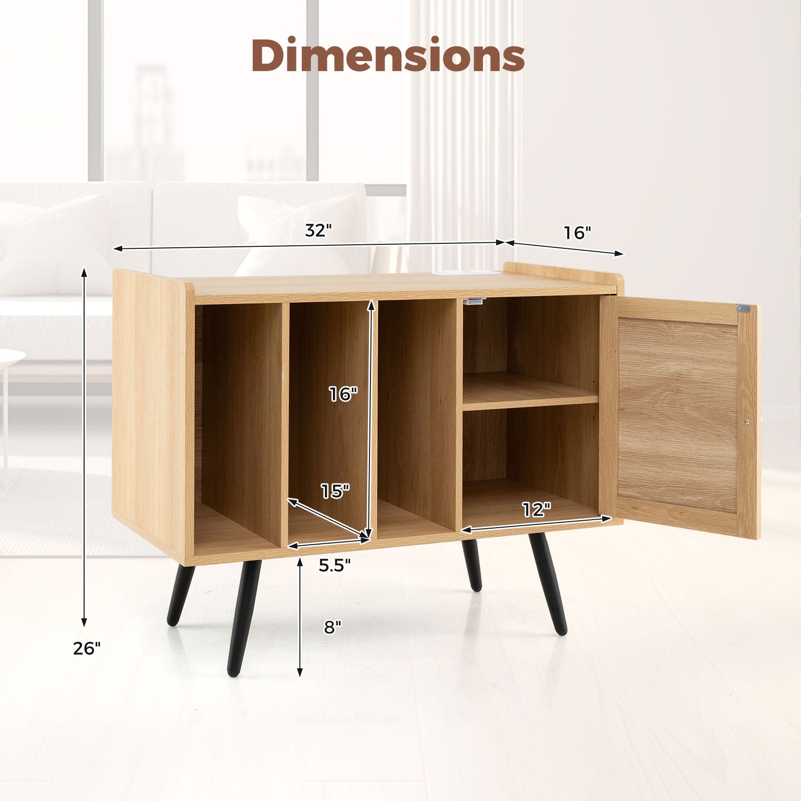 Record Player Stand with Charging Station and Rattan Cabinet for Living Room, Natural End & Side Tables at Gallery Canada