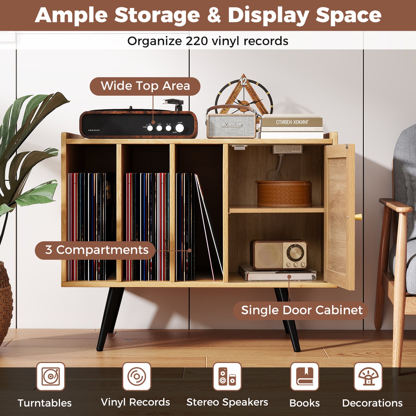 Record Player Stand with Charging Station and Rattan Cabinet for Living Room, Natural End & Side Tables at Gallery Canada