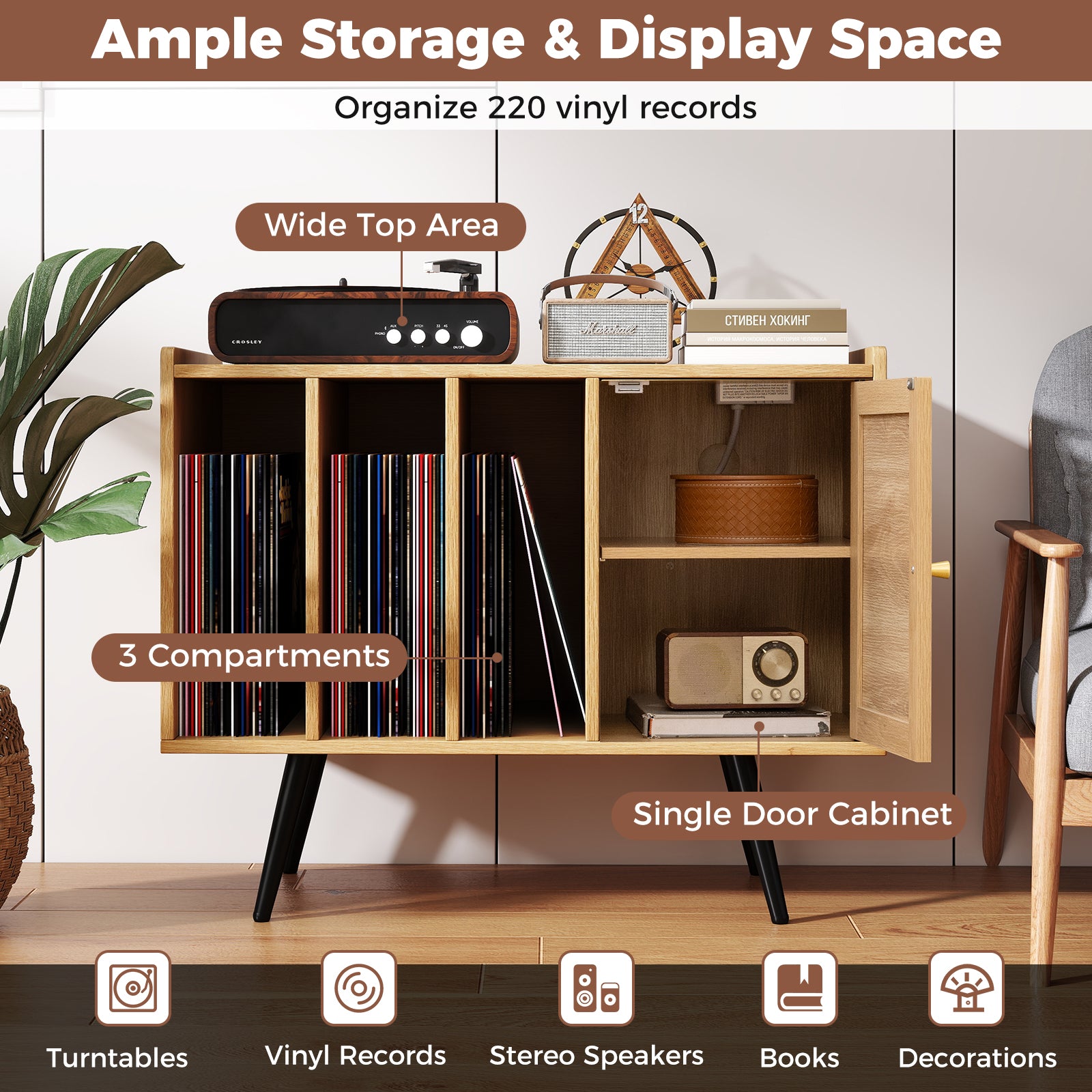 Record Player Stand with Charging Station and Rattan Cabinet for Living Room, Natural End & Side Tables at Gallery Canada