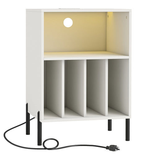 Record Player Stand with LED Light and Charging Station, White