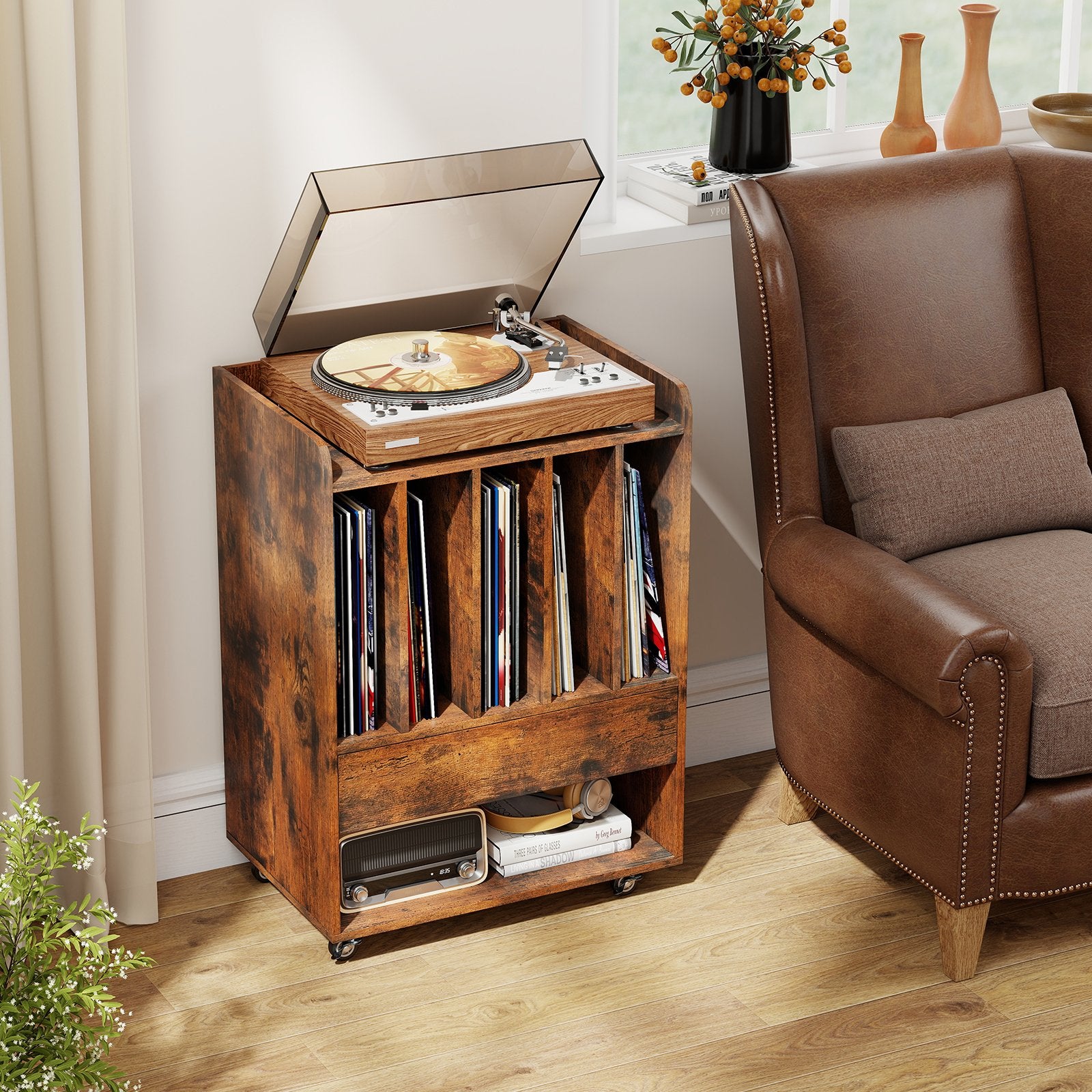 Record Player Stand Turntable Stand with Drawer and Record Holder, Brown Cabinets & Chests at Gallery Canada