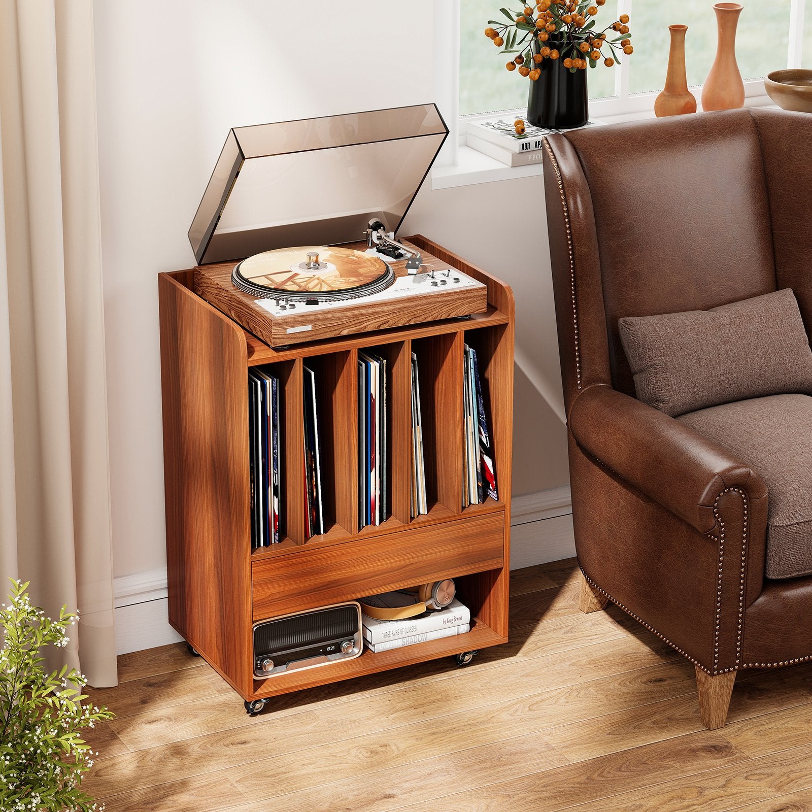 Record Player Stand Turntable Stand with Drawer and Record Holder, Walnut Cabinets & Chests at Gallery Canada