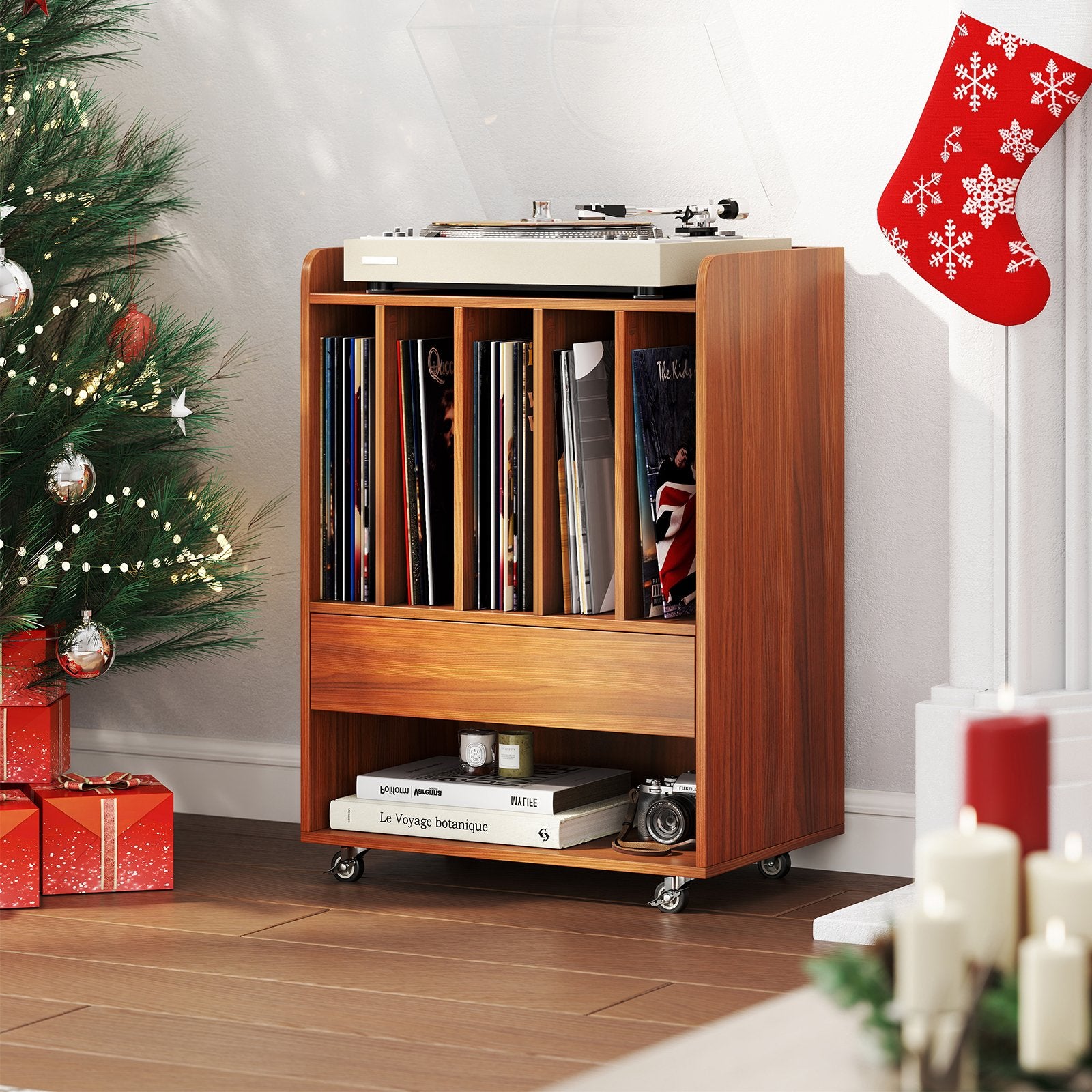 Record Player Stand Turntable Stand with Drawer and Record Holder, Walnut Cabinets & Chests at Gallery Canada