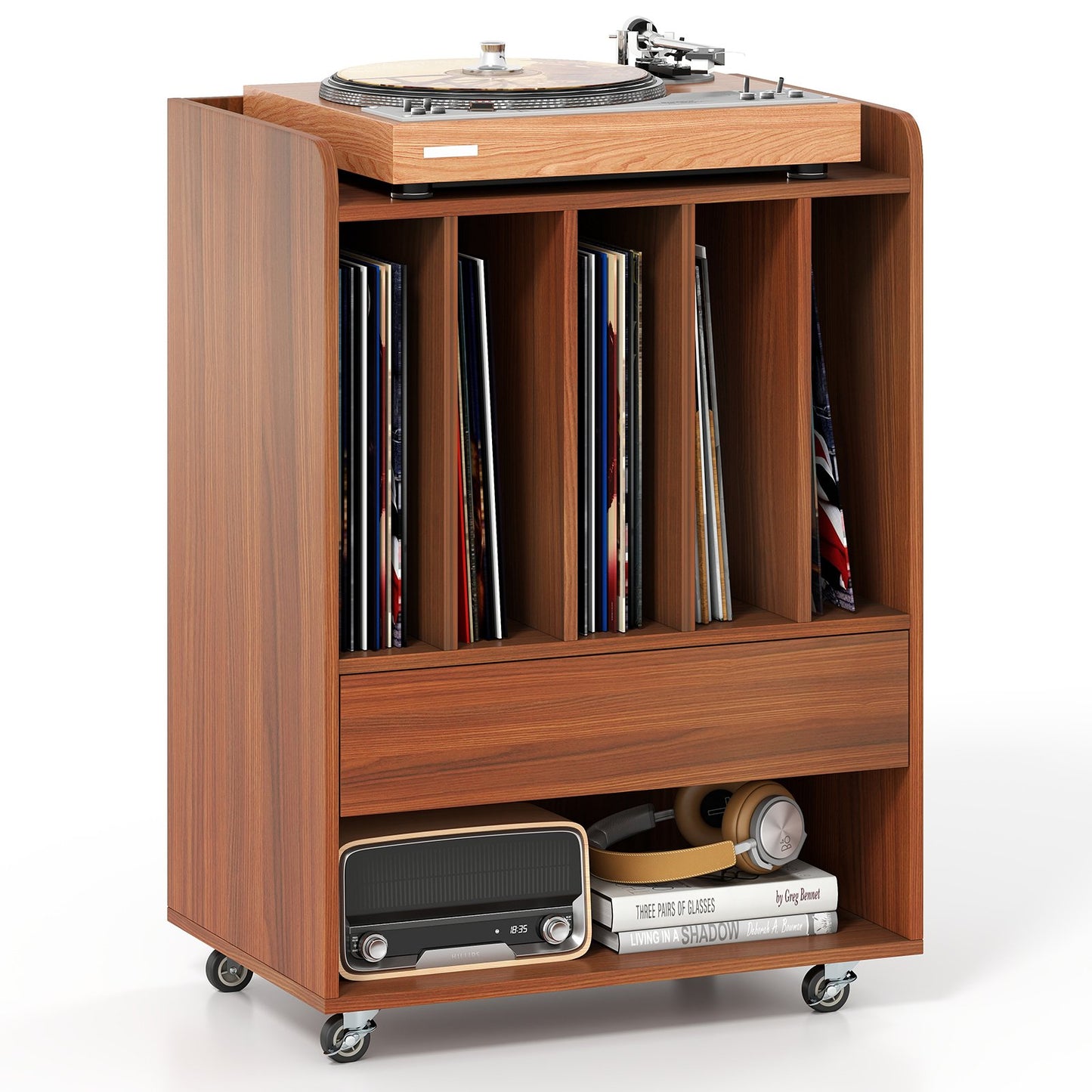 Record Player Stand Turntable Stand with Drawer and Record Holder, Walnut Cabinets & Chests at Gallery Canada