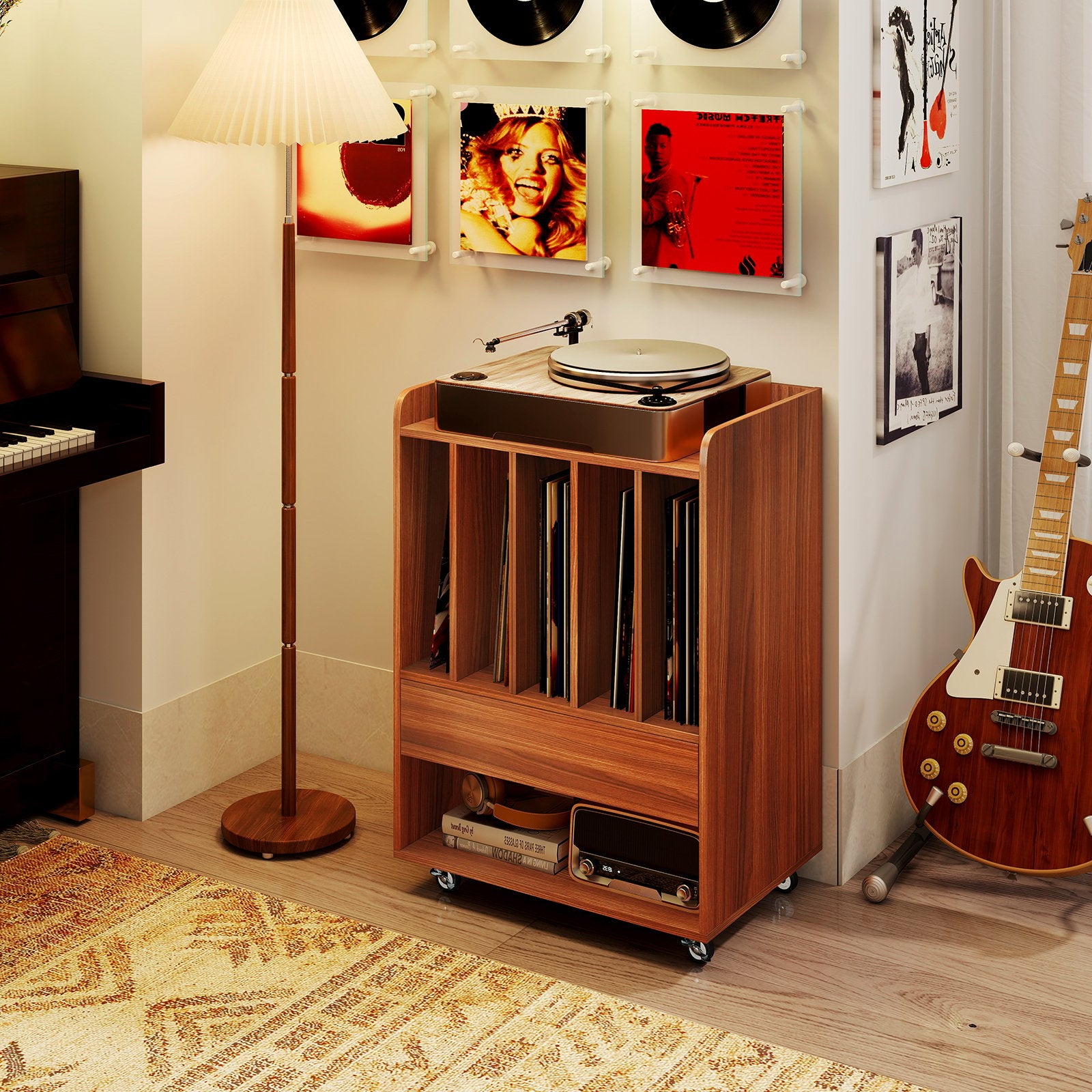 Record Player Stand Turntable Stand with Drawer and Record Holder, Walnut Cabinets & Chests at Gallery Canada