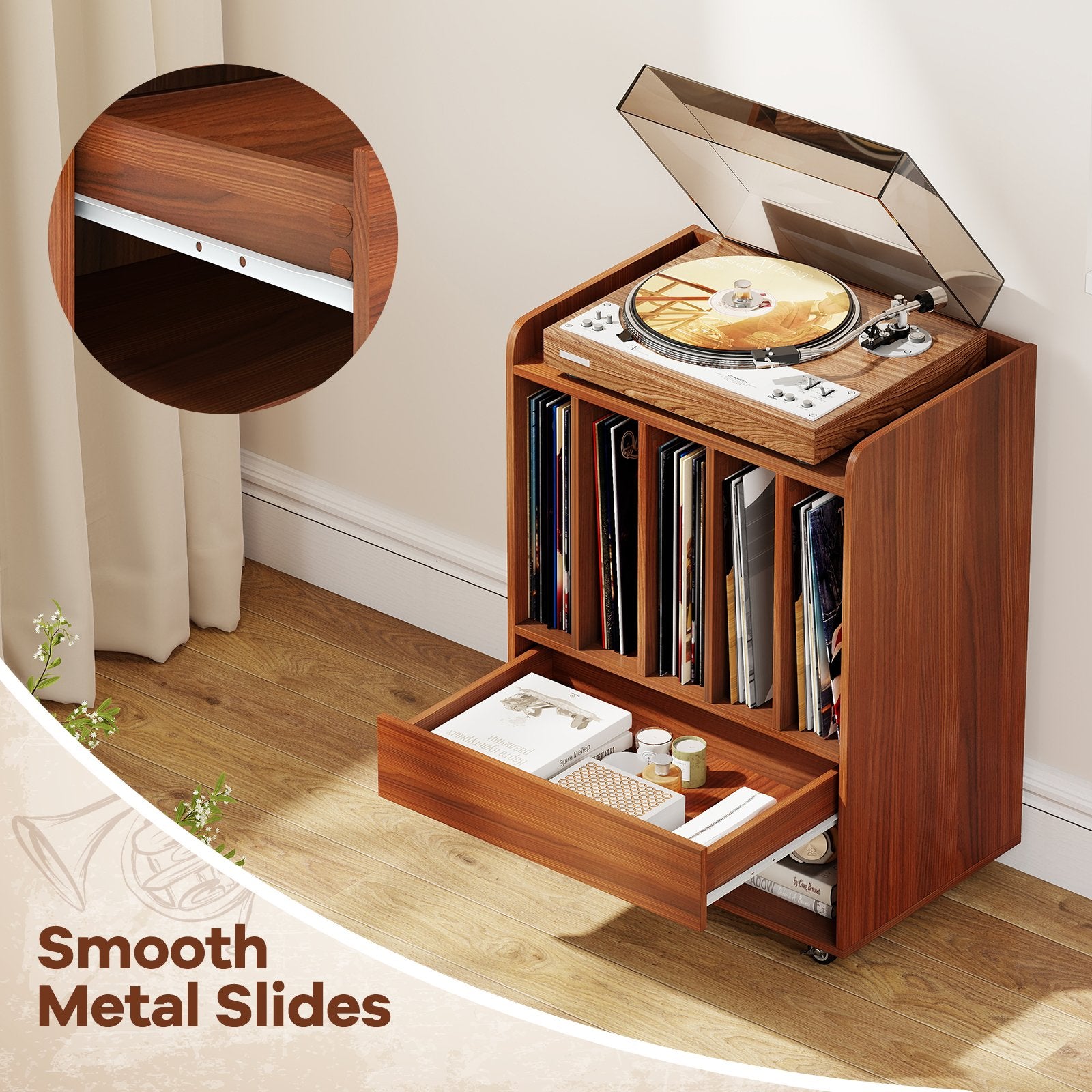 Record Player Stand Turntable Stand with Drawer and Record Holder, Walnut Cabinets & Chests at Gallery Canada