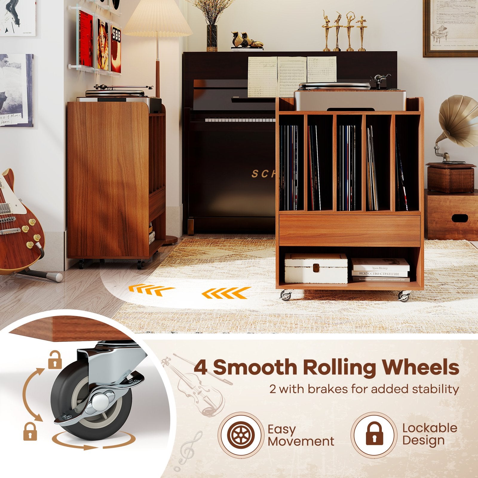 Record Player Stand Turntable Stand with Drawer and Record Holder, Walnut Cabinets & Chests at Gallery Canada