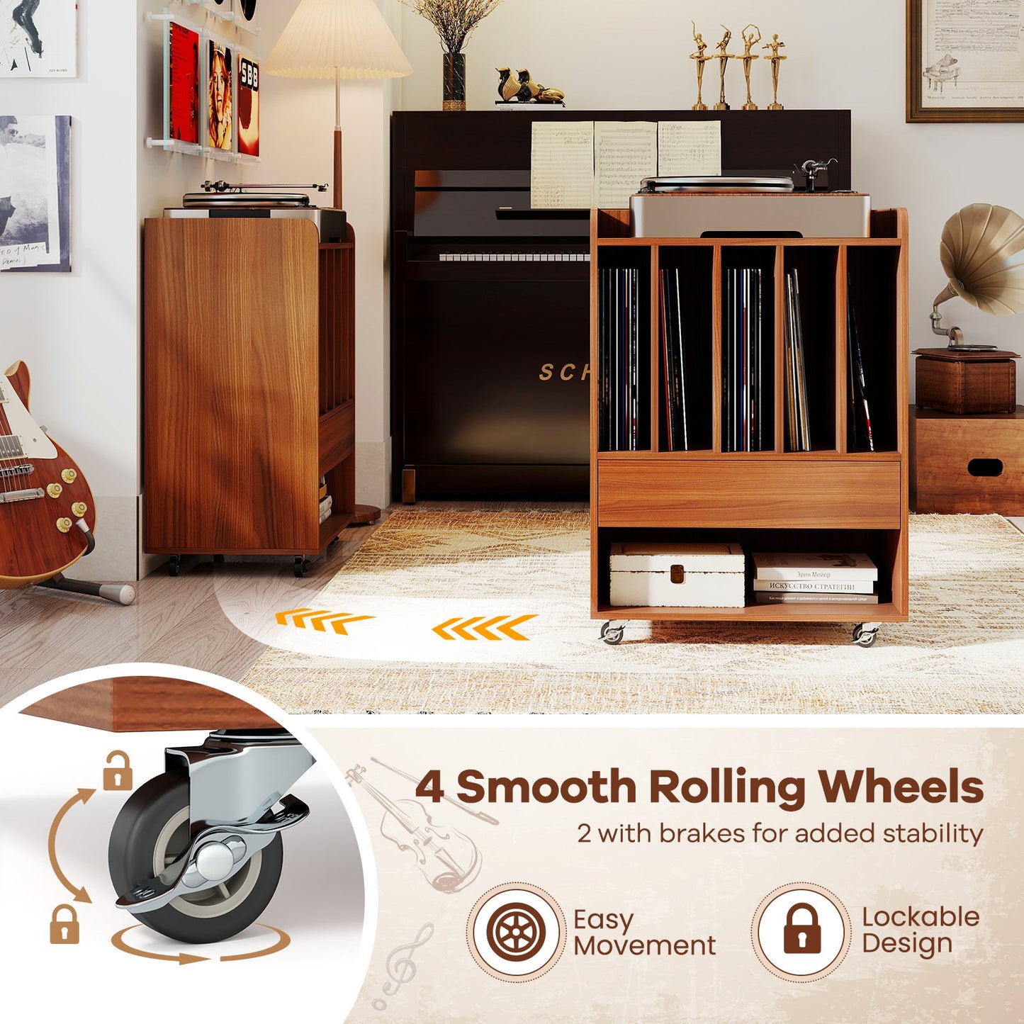 Record Player Stand Turntable Stand with Drawer and Record Holder, Walnut Cabinets & Chests at Gallery Canada