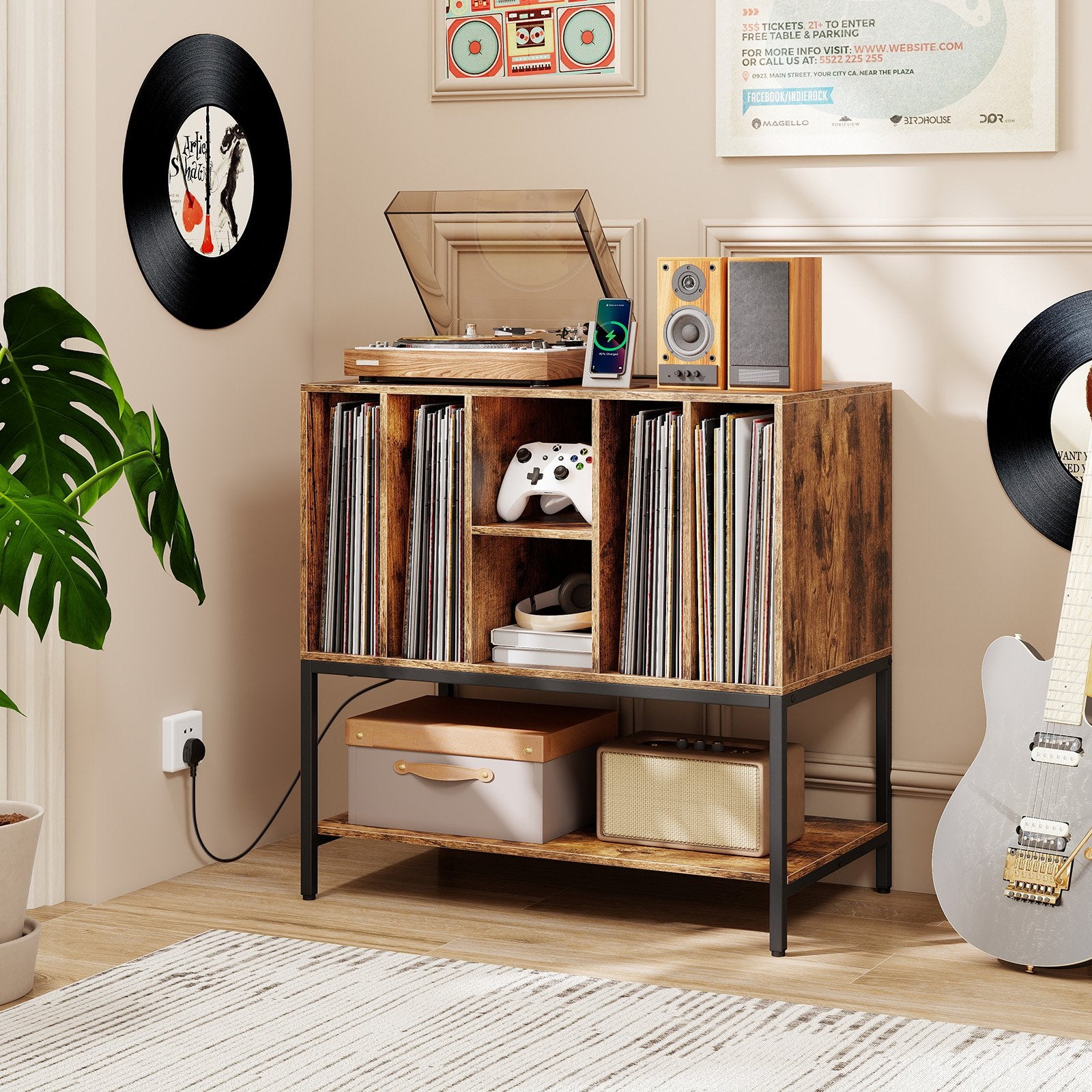 Record Player Stand with Charging Station and Metal Frame, Rustic Brown End & Side Tables at Gallery Canada