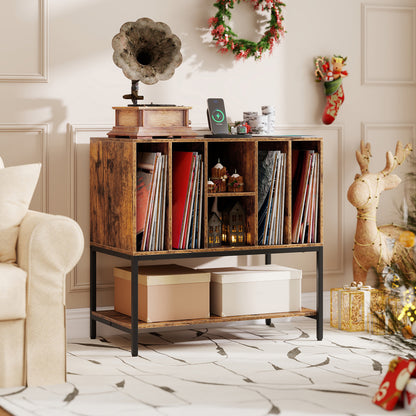 Record Player Stand with Charging Station and Metal Frame, Rustic Brown End & Side Tables at Gallery Canada