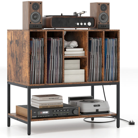 Record Player Stand with Charging Station and Metal Frame, Rustic Brown End & Side Tables Rustic Brown at Gallery Canada