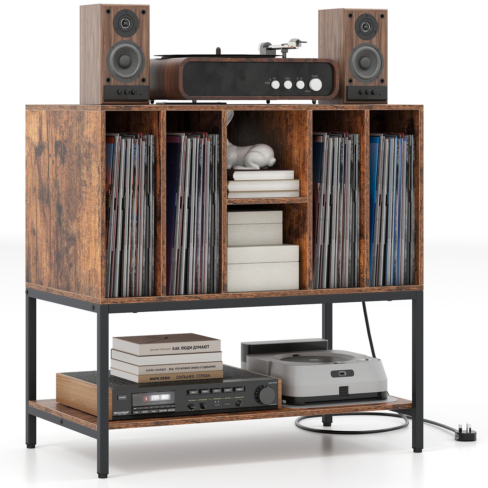 Record Player Stand With Charging Station, Metal Frame, Rustic Brown End & Side Tables at Gallery Canada