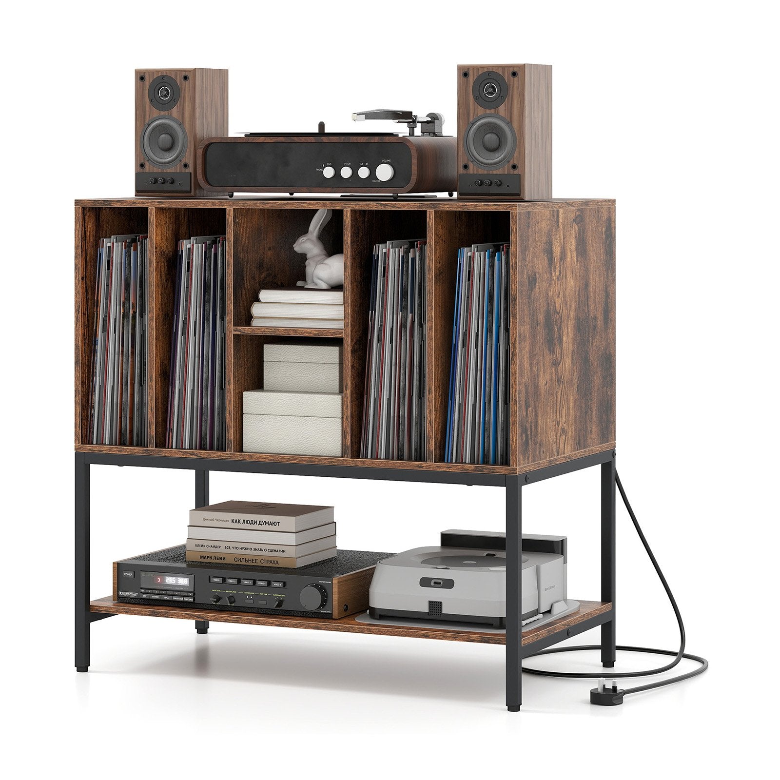 Record Player Stand with Charging Station and Metal Frame, Rustic Brown End & Side Tables at Gallery Canada