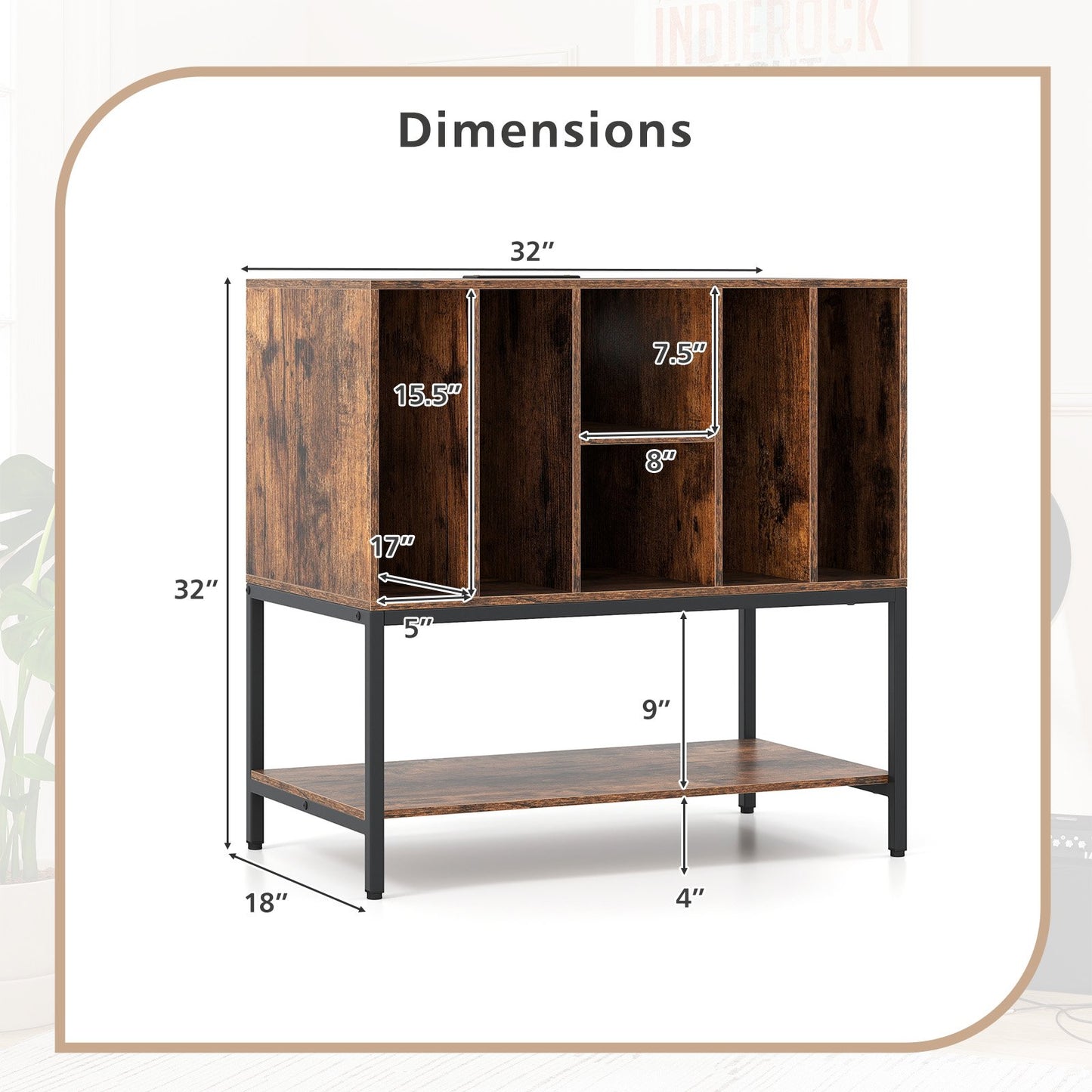 Record Player Stand with Charging Station and Metal Frame, Rustic Brown End & Side Tables at Gallery Canada