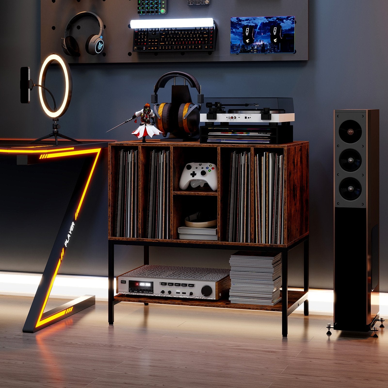Record Player Stand with Charging Station and Metal Frame, Rustic Brown End & Side Tables at Gallery Canada