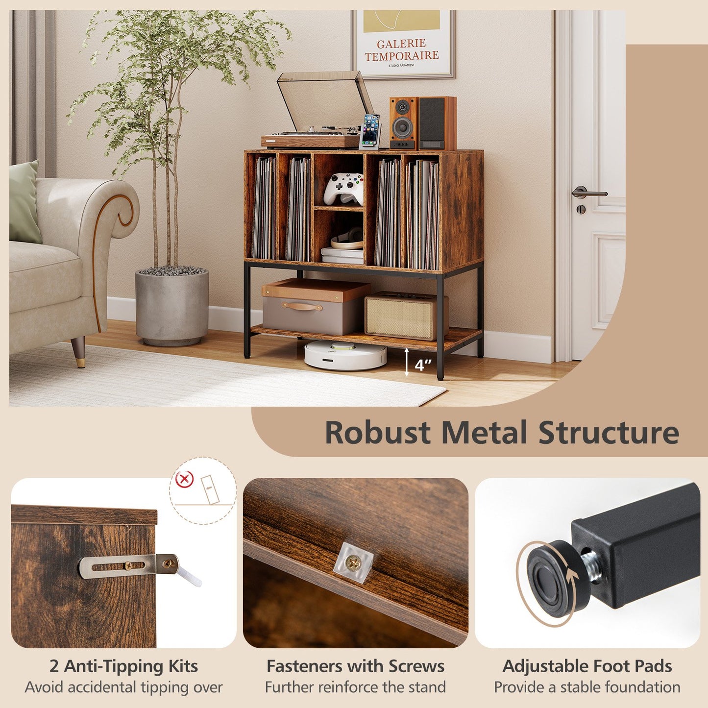 Record Player Stand with Charging Station and Metal Frame, Rustic Brown End & Side Tables at Gallery Canada