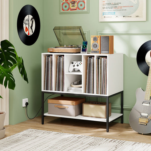 Record Player Stand with Charging Station and Metal Frame, White