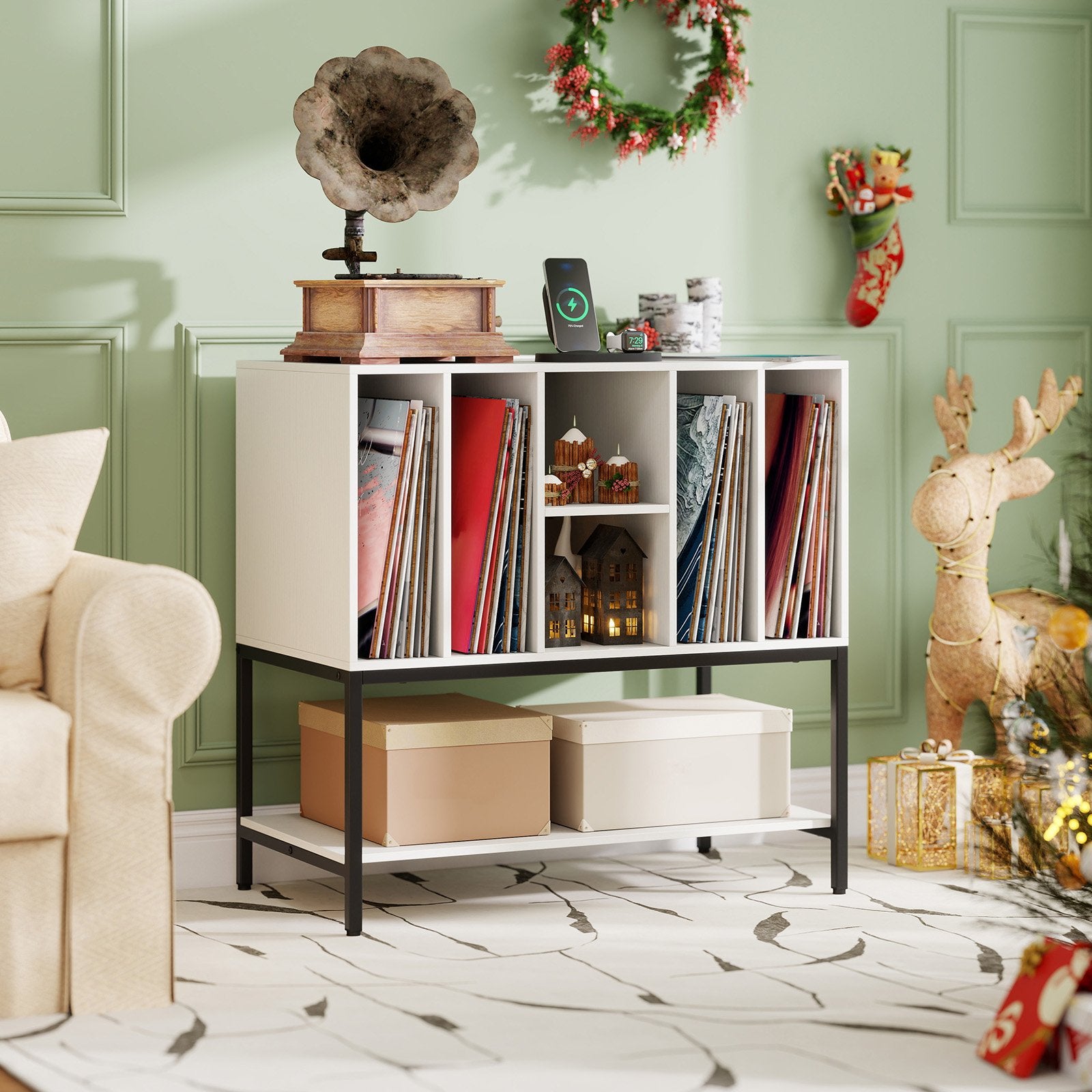 Record Player Stand with Charging Station and Metal Frame, White End & Side Tables at Gallery Canada