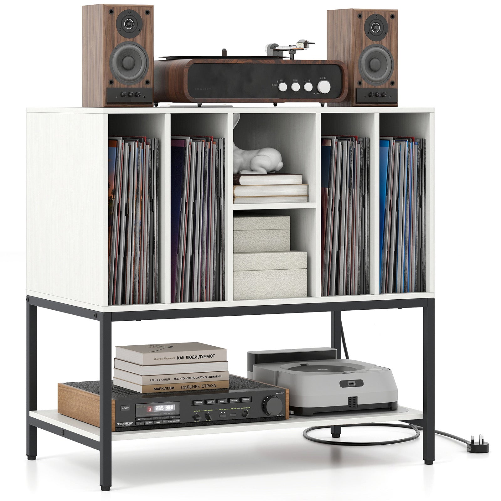 Record Player Stand With Charging Station, Metal Frame, White End & Side Tables White at Gallery Canada