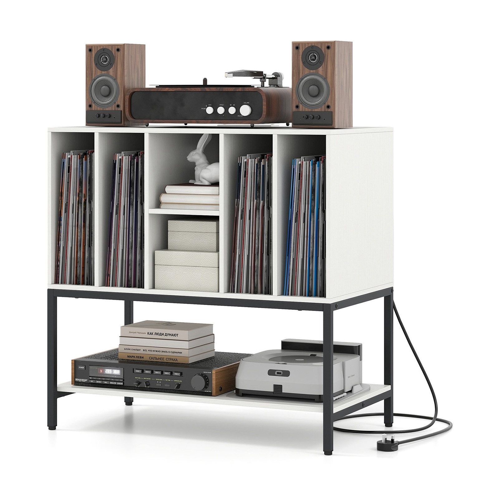 Record Player Stand with Charging Station and Metal Frame, White End & Side Tables at Gallery Canada