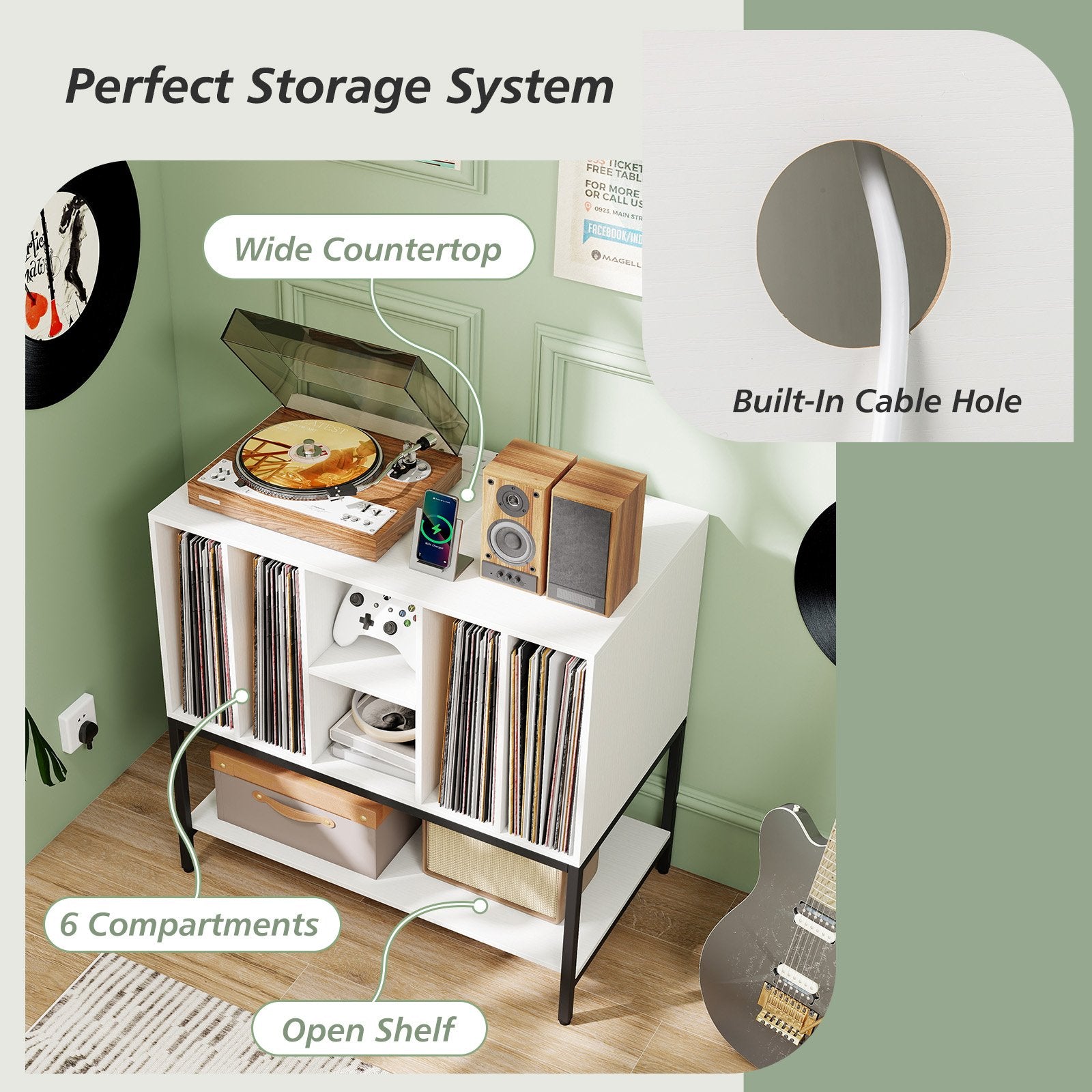 Record Player Stand with Charging Station and Metal Frame, White End & Side Tables at Gallery Canada