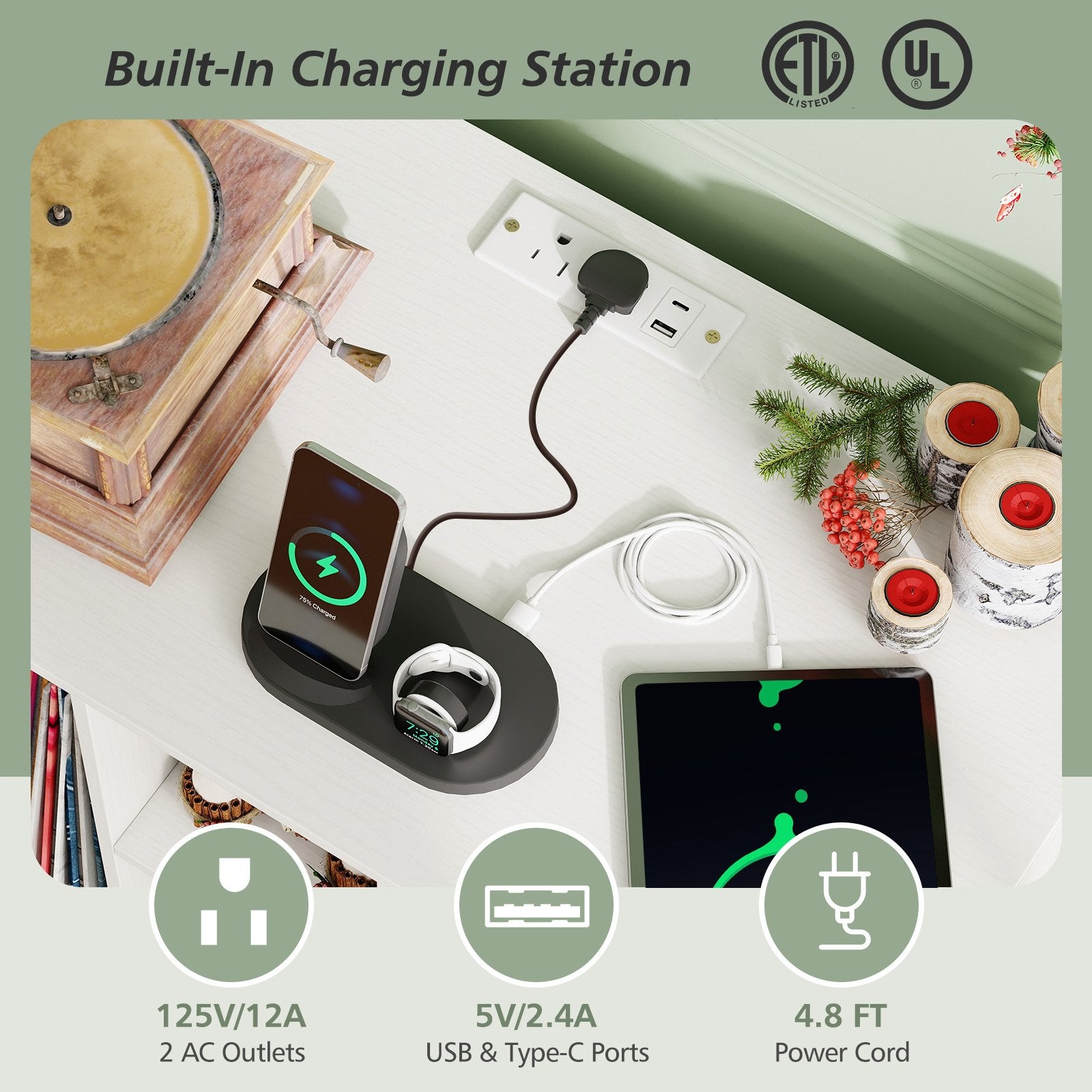 Record Player Stand with Charging Station and Metal Frame, White End & Side Tables at Gallery Canada