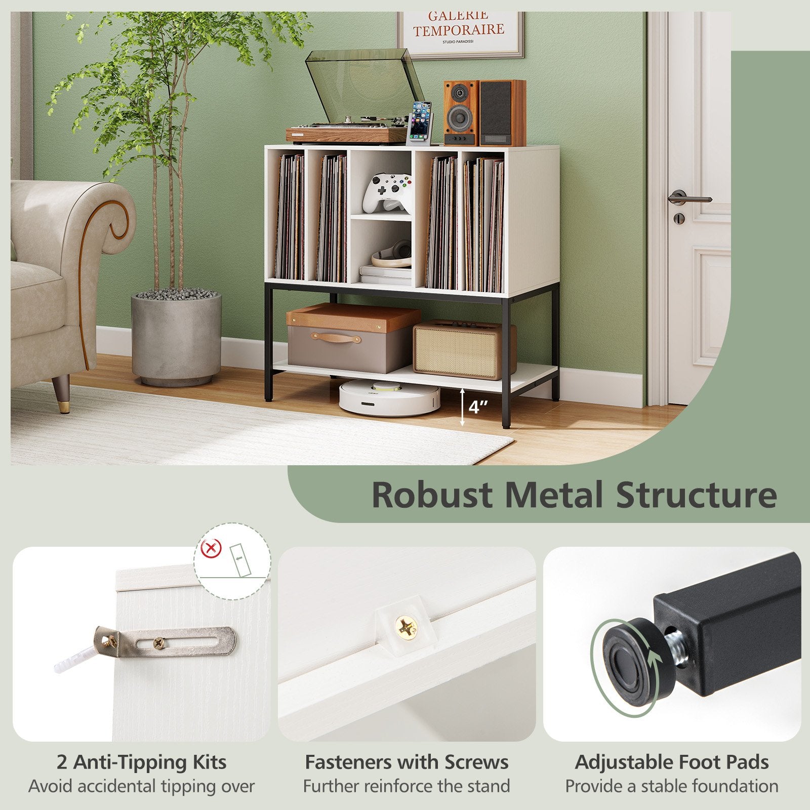 Record Player Stand with Charging Station and Metal Frame, White End & Side Tables at Gallery Canada