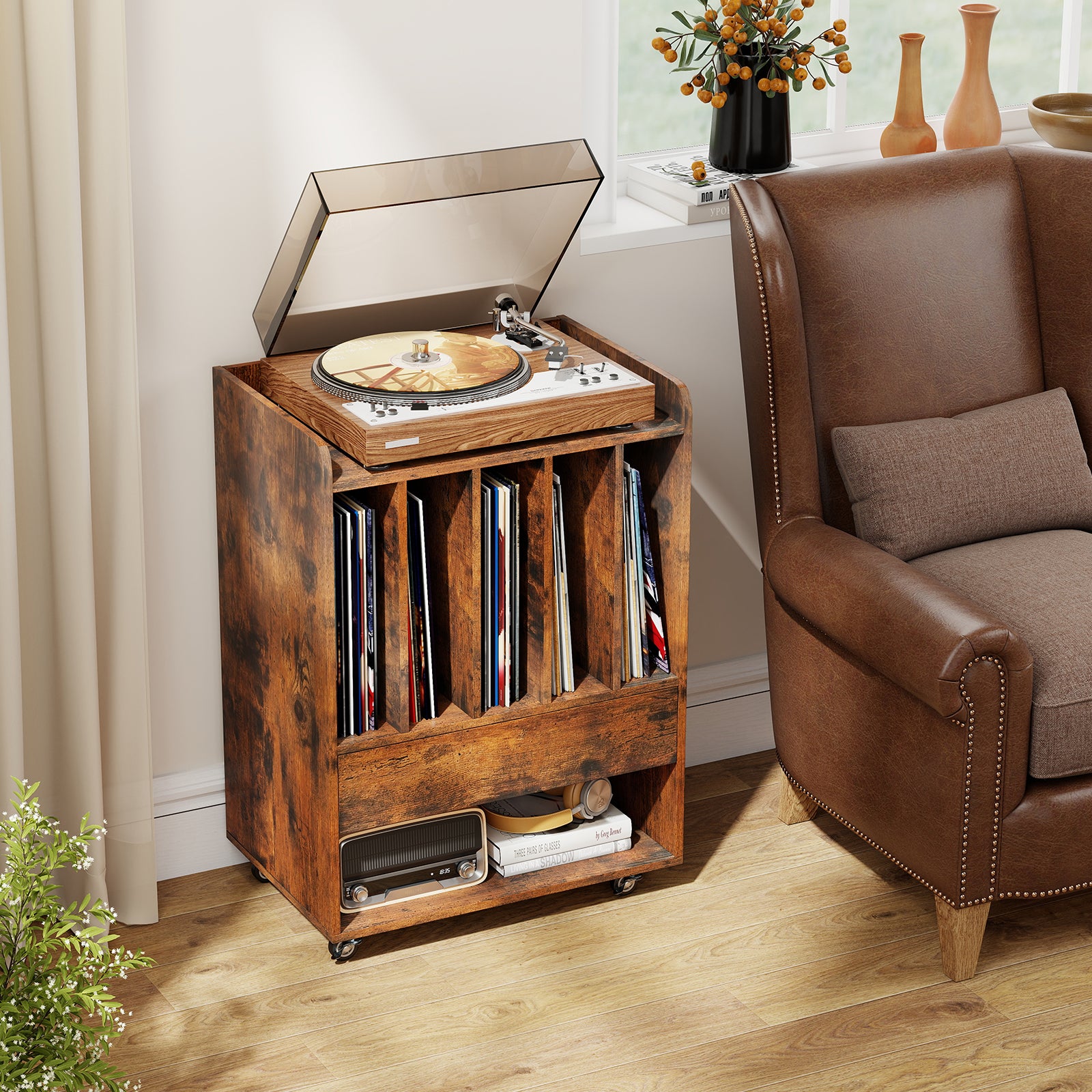 Record Player Stand With Drawer And Record Holder, Brown Cabinets & Chests at Gallery Canada