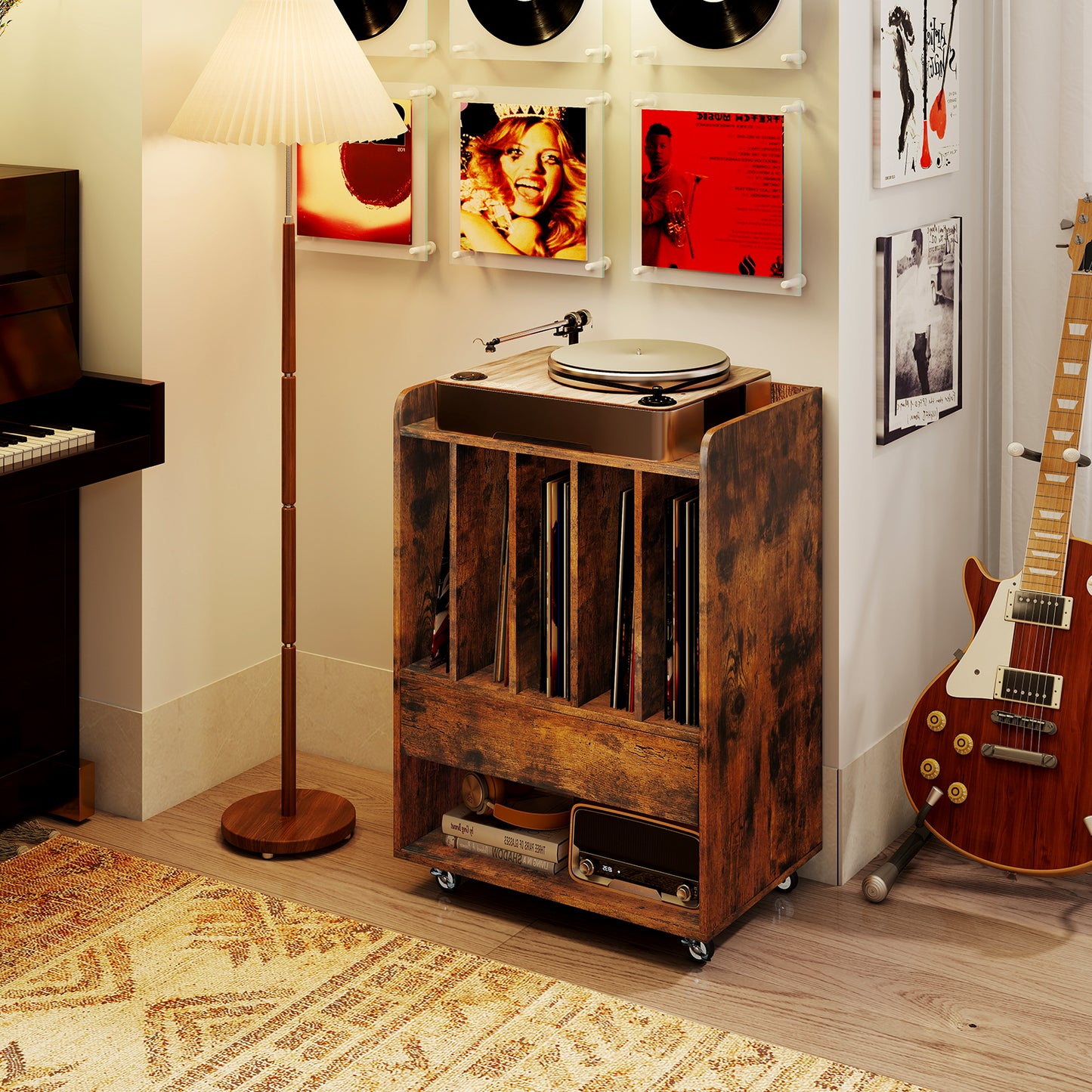 Record Player Stand With Drawer And Record Holder, Brown Cabinets & Chests at Gallery Canada