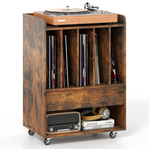 Record Player Stand With Drawer And Record Holder, Brown