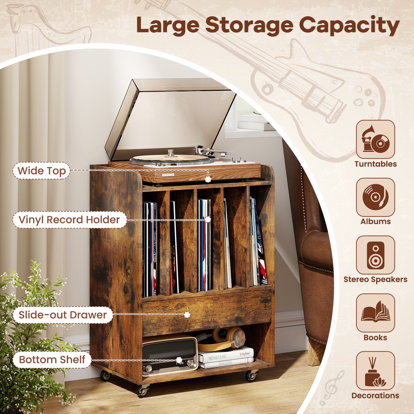 Record Player Stand With Drawer And Record Holder, Brown Cabinets & Chests at Gallery Canada