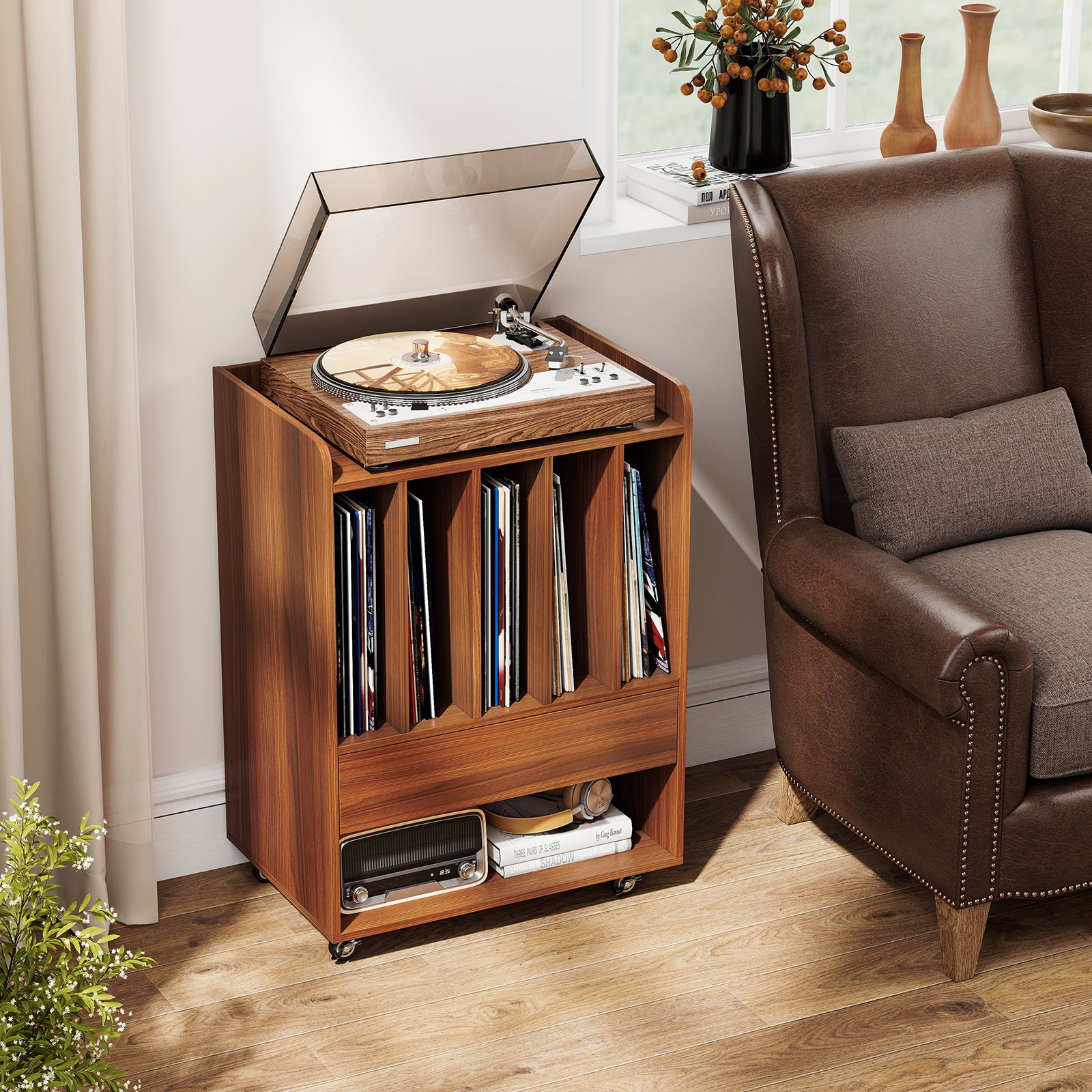 Record Player Stand With Drawer, Record Holder, Walnut Cabinets & Chests at Gallery Canada