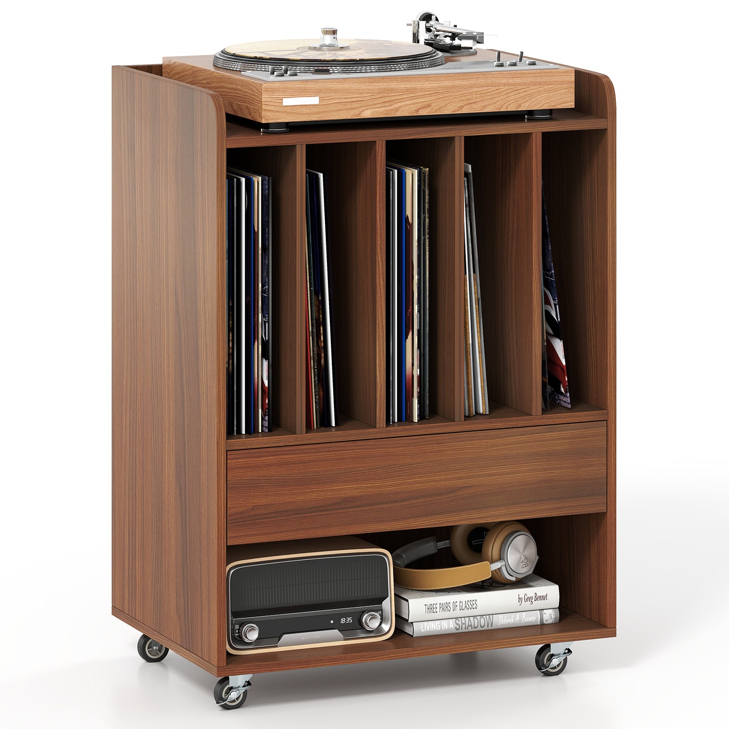 Record Player Stand With Drawer, Record Holder, Walnut Cabinets & Chests Walnut at Gallery Canada